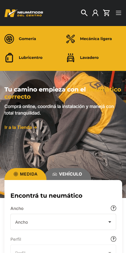 Home de Neumáticos del Centro en mobile, después de la migración a Shopify