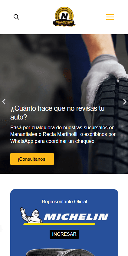 Home de Neumáticos del Centro en mobile, antes de la migración, sobre WordPress